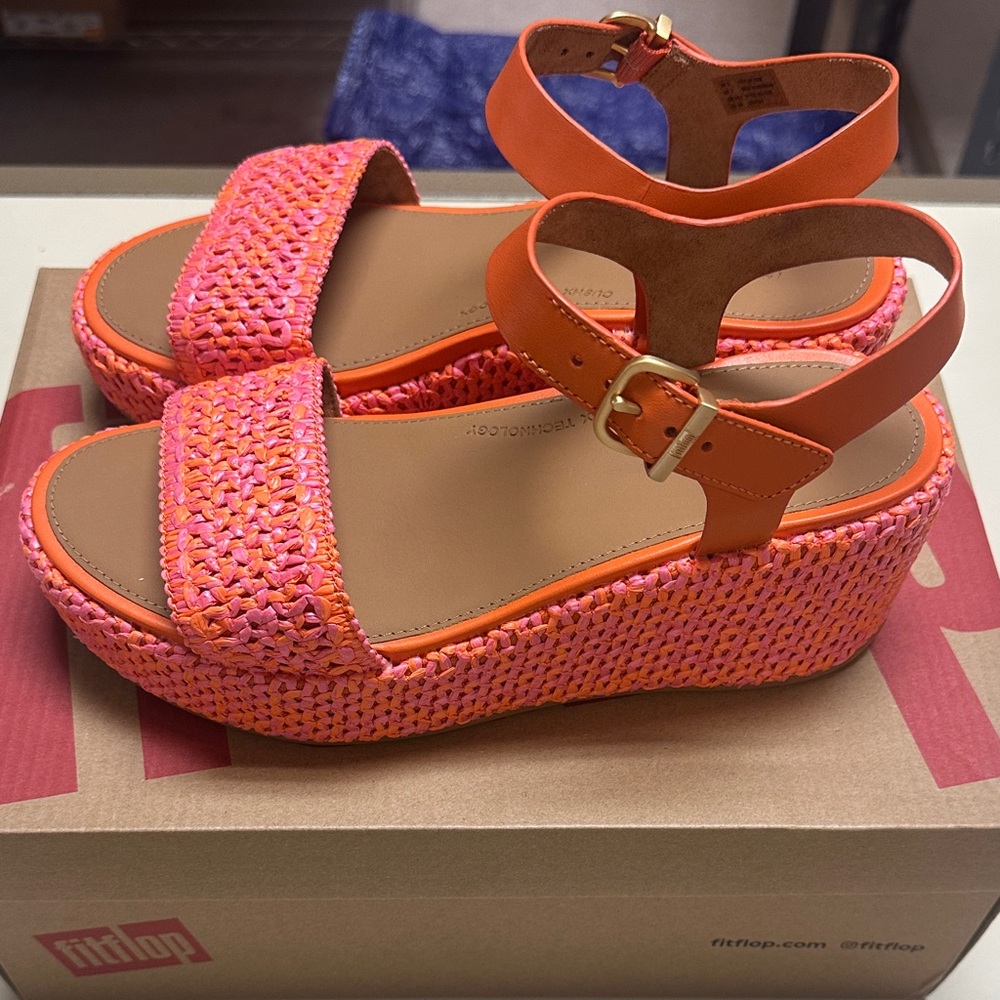 Fitflop Women's Orange and Pink Woven Platform Sandals - Picture 9 of 13